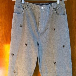 Quacker Factory Black White Houndstooth Embroidered Bumble Bee Pants Large NWOT